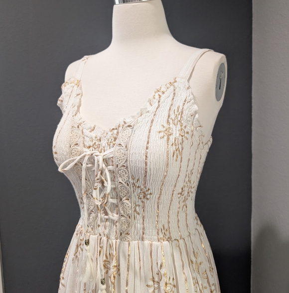 Gold Lurex Embroidered Lace-Up Maxi Dress - Made in India - Size M - Picture 2 of 14